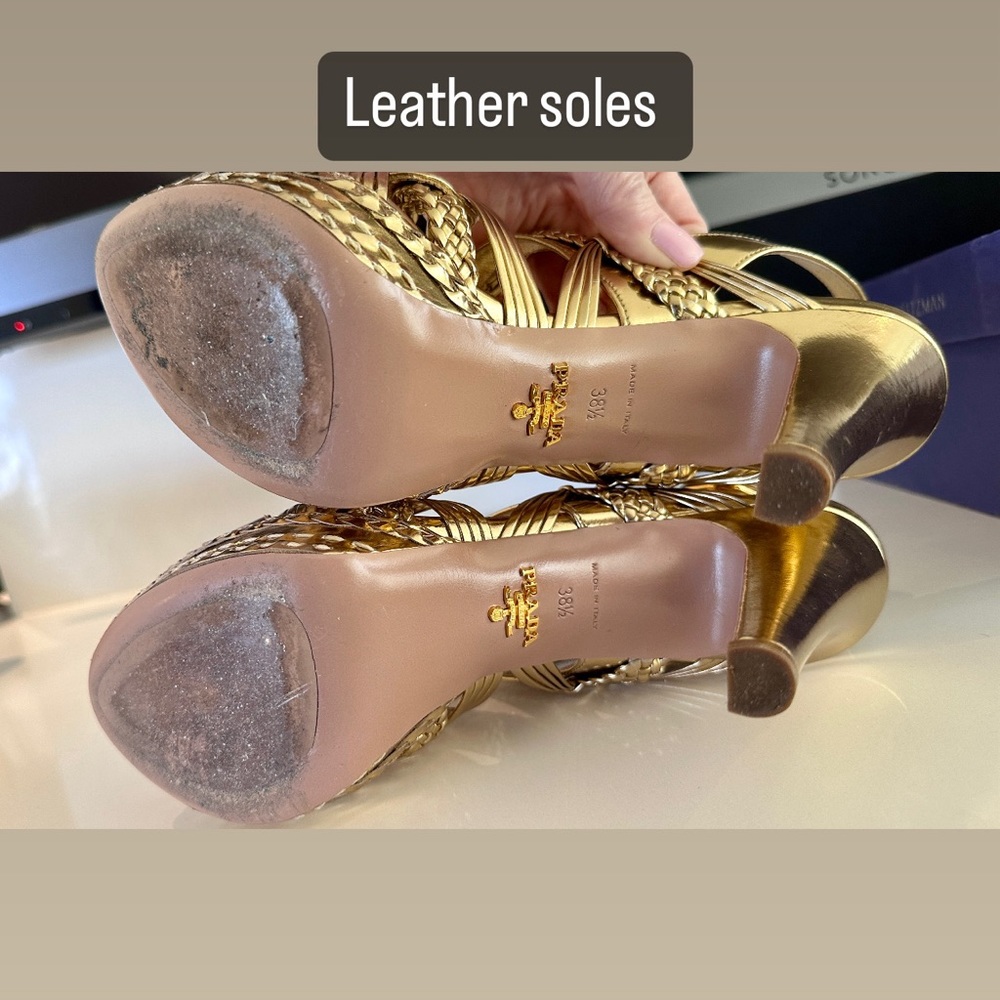 Prada Gold Metallic Woven all leather Platform Sandals 38 1/2 (Mint Condition) - Picture 14 of 15